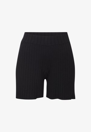 Schwarze gerippte Shorts aus dehnbarem Stoff mit hohem Taillenbund und taillierter Silhouette, die eine glatte Textur und keine sichtbaren Beschläge bieten.