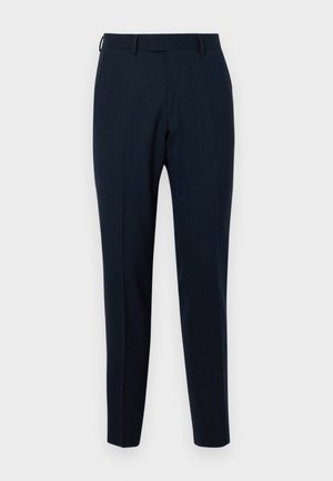 Pantaloni tailored de culoare albastru marin, dintr-un material fin; prezintă un front plat, croi slim și buzunare laterale; fără modele sau metalice vizibile.