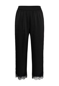 Black satin pants with an elastic waistband and lace trim at the hem, displayed on a plain white background.
