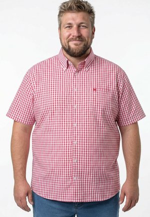 Lächelnder Mann mit kurzen blonden Haaren und Bart trägt ein rot-weiß kariertes Kurzarmhemd und blaue Jeans.