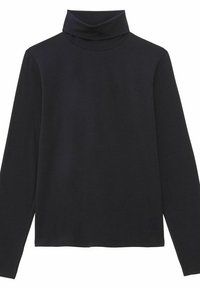Haut col roulé noir à manches longues en tissu doux, doté d'un col montant et d'un détail logo subtil près de l'ourlet. Texture lisse.