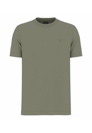 Jednoduché olivovo zelené tričko s krátkym rukávom a okrúhlym výstrihom, s jemným malým logom na ľavej strane hrude a rebrovaným golierom.
