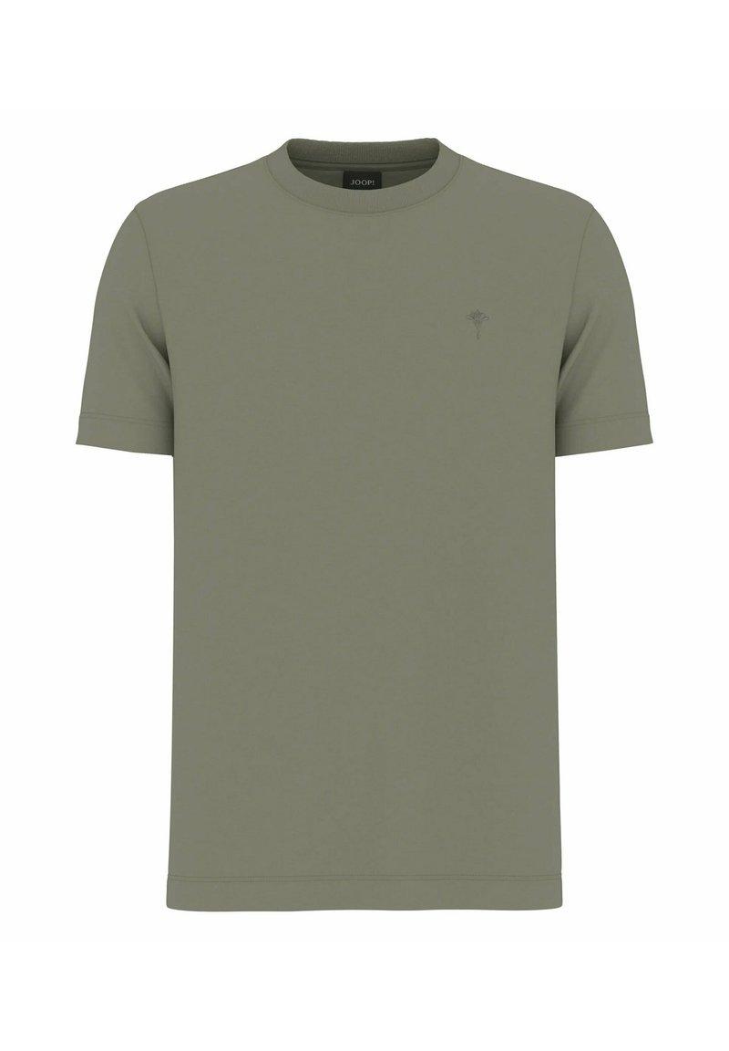 T-shirt uni vert olive à manches courtes et col rond avec un petit logo discret sur le côté gauche de la poitrine et un col côtelé.