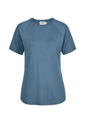 Kurzärmeliges blaues T-Shirt mit Rundhalsausschnitt, Raglanärmeln und geradem Saum, Größe 36 von der Marke Hessnatur.