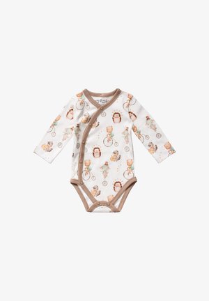 Body bébé à manches longues en tissu blanc avec illustrations d'animaux à vélo. Bordé de marron ; fermeture à pression sur le côté.