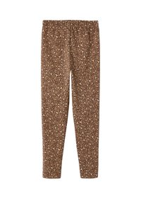 Braune Leggings mit einem Leopardenmuster, ausgestattet mit einem elastischen Taillenbund. Sie bestehen aus weichem Stoff und haben eine schlanke, zulaufende Passform.