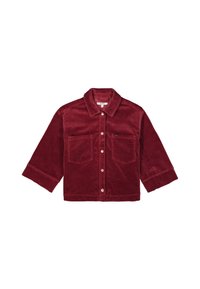Rode corduroy jas met een kraag, twee voorzakken en een knoopsluiting. Heeft brede mouwen en een zachte textuur.