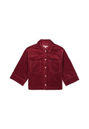 Chaqueta de pana roja con cuello, dos bolsillos frontales y cierre de botones. Tiene mangas anchas y una textura suave.