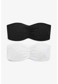 Divi bezsaišu bandeau krūšturi, viens melns un otrs balts, ar sakrato audumu vidū, lai radītu tekstūru un pielāgošanos. Mīksta, elastīga materiāla.