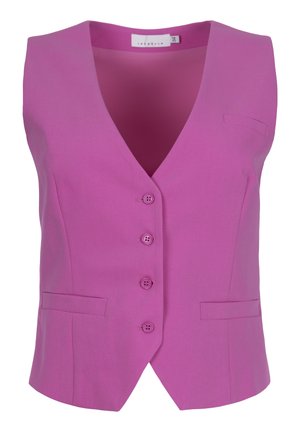 Růžový bezrukávový vestě s výstřihem do V, pěti knoflíkovými zapínáními, dvěma předními kapsami a hladkým povrchem.