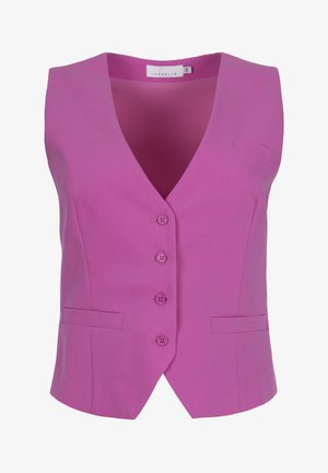 Pink sleeveless vest with a V-neck, five button closures, two front pockets, and a smooth fabric texture.
