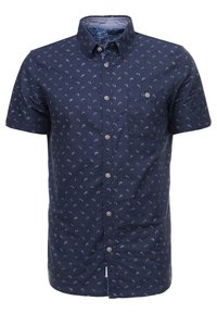Koszula z krótkim rękawem, granatowa, z guzikami, z delikatnym białym wzorem w liście, lewą kieszenią na piersi i kołnierzykiem. Wykonana z gładkiego materiału.