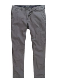 Graue Baumwollhosen mit geradem Schnitt, ausgestattet mit einem Reißverschluss, Knopfverschluss und zwei Fronttaschen. Glatte Textur, lässiges Design.