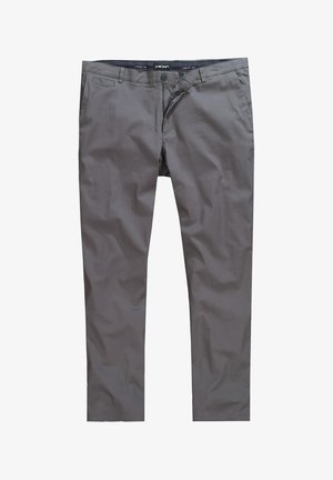 Pantaloni di cotone grigi con taglio dritto, dotati di zip e chiusura con bottone, e due tasche anteriori. Tessuto liscio, design informale.