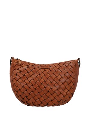 Brun læder crossbody taske med vævet mønster og lynlåslukning, afrundet rektangulær form og små metalringe på hver side.