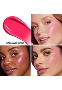 Bright pink cream swatch labeled "Head Over Heels" alongside three women showing dewy blush on their cheeks in various skin tones.