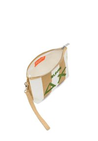 Borsetta in tela con strisce beige e bianche, logo ricamato verde, chiusura con zip e manico in beige. Interno foderato con etichetta del logo.