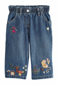 Blaue Jeanshose für Kleinkinder mit elastischem Bund, vorderen Taschen und gestickten Blumen, Pilzen und einer Maus auf den Beinen.