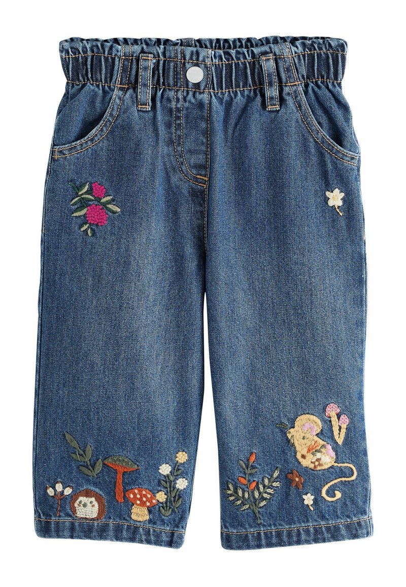 Blaue Jeanshose für Kleinkinder mit elastischem Bund, vorderen Taschen und gestickten Blumen, Pilzen und einer Maus auf den Beinen.