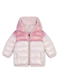 Veste rembourrée de couleur rose clair avec une finition brillante, dotée d'une capuche en fourrure douce, d'une fermeture éclair à l'avant et de poignets côtelés.