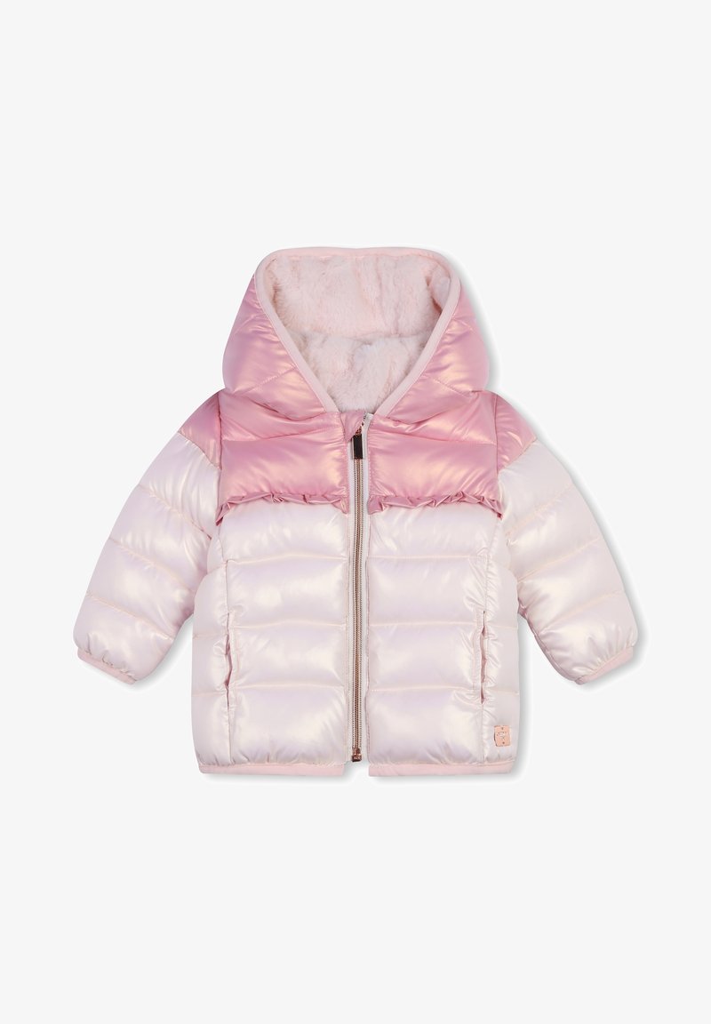 Veste rembourrée de couleur rose clair avec une finition brillante, dotée d'une capuche en fourrure douce, d'une fermeture éclair à l'avant et de poignets côtelés.