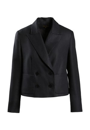 Blazer noir croisé, en tissu texturé, avec un col cranté, deux poches avant et six boutons noirs.