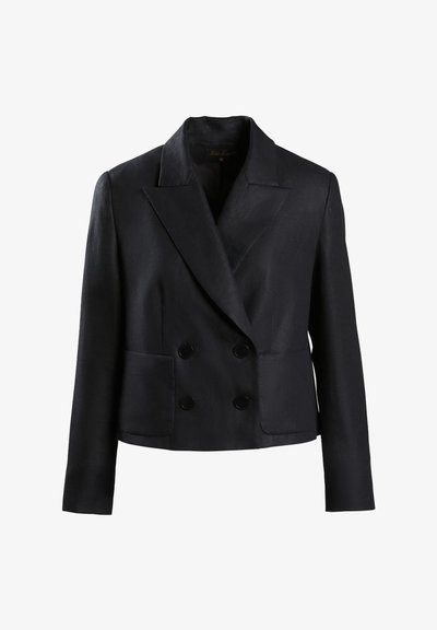 Juodasis dvigubos sagstymo švarkas, pagamintas iš tekstūruotos medžiagos, su įpjautiniu apykakle, dviem priekinėmis kišenėmis ir šešiais juodais mygtukais.