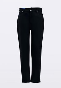 Zwarte broek van een katoenmix, met een rechte pijp, twee zakken aan de voorkant en een sluiting met knoop en rits.