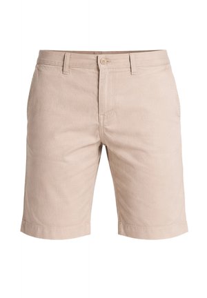 Pantaloncini beige da uomo in cotone con passanti per cintura, chiusura con bottone e cerniera, e tasche laterali, mostrati su sfondo bianco.