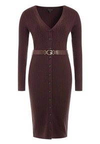 Pletené šaty s dlouhým rukávem v tmavě vínové barvě, s výstřihem do V a ribovanou texturou. Mají zapínání na knoflíky a hněhý pásek s zlatou sponou s logem.