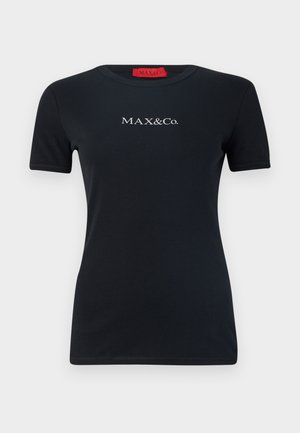 Schwarz kurzärmliges T-Shirt aus Baumwolle mit rundem Halsausschnitt und dem weißen Logo "MAX&Co.". Glatte Textur, slim fit Design.