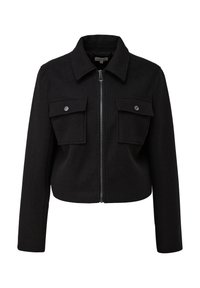Czarna krótka kurtka wykonana z wełnianej mieszanki, z zamkiem z przodu, spiczastym kołnierzem i dwiema dużymi kieszeniami z klapką zapinanymi na zatrzask.