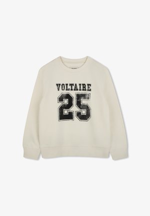 Cream sweatshirt featuring a crew neck and long sleeves, with a black vintage-style "VOLTAIRE 25" print on the front.