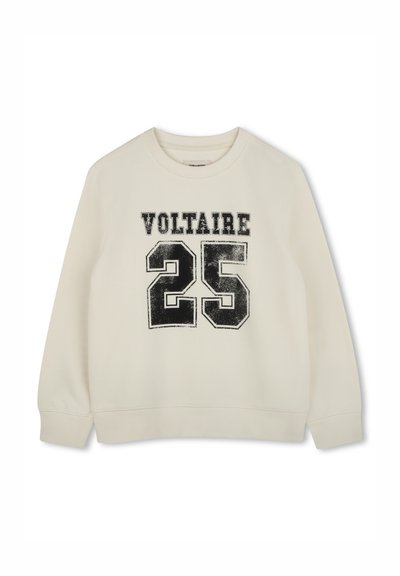 Felpa crema con collo rotondo e maniche lunghe, con una stampa nera in stile vintage "VOLTAIRE 25" sulla parte anteriore.