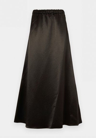 Μαύρη σατέν φούστα σε σχήμα Α με ελαστική μέση και λείο, ελαφρώς γυαλιστερό υφή, εμφανίζεται σε λευκό φόντο.