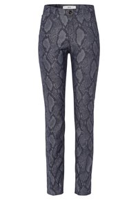 Byxor med ormskinnsmönster i mörkgrått med en elegant, åtsittande design. Tyget har ett texturerat mönster, femficksstil och knäppning.