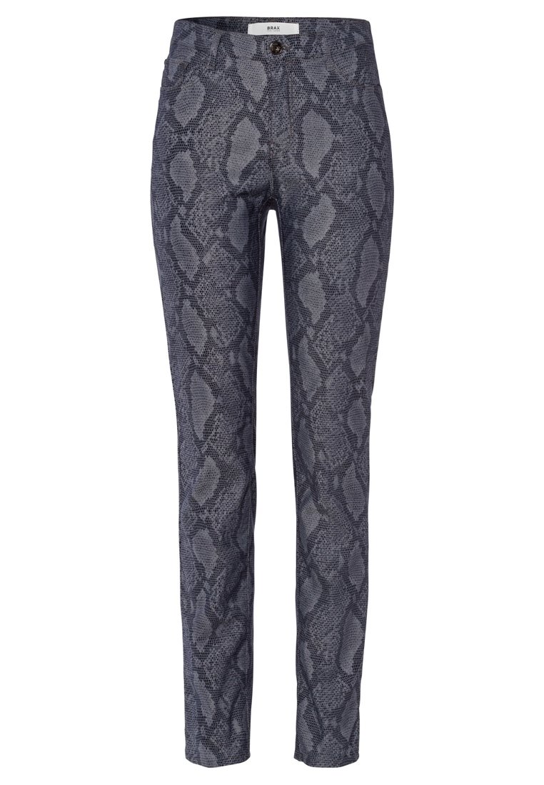 Byxor med ormskinnsmönster i mörkgrått med en elegant, åtsittande design. Tyget har ett texturerat mönster, femficksstil och knäppning.