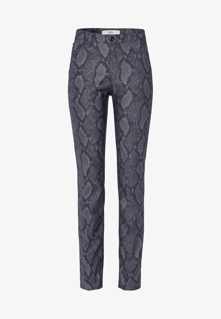 Byxor med ormskinnsmönster i mörkgrått med en elegant, åtsittande design. Tyget har ett texturerat mönster, femficksstil och knäppning.