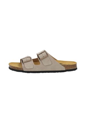 Gray suede sandal with two adjustable buckles, a cork footbed, and a textured black rubber sole. Open-toe design for easy wear.