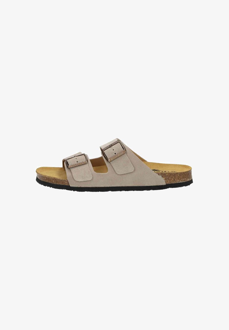 Gray suede sandal with two adjustable buckles, a cork footbed, and a textured black rubber sole. Open-toe design for easy wear.