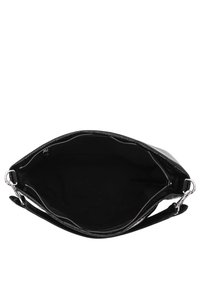 Black leather handbag with a smooth texture, top zipper closure, and interior pocket. Features silver hardware and a wide opening.