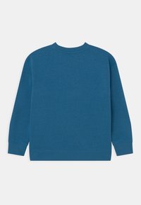 Sudadera azul de tejido suave, con cuello redondo y mangas largas. Sin estampados ni patrones, con puños y dobladillo acanalados. Vista trasera.