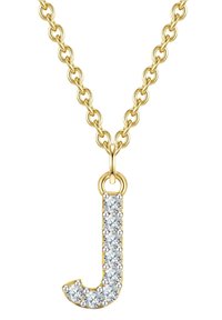 Zelta ķēdīte ar piekariņu, kas veidots burta "J" formā, greznots ar vairākiem caurspīdīgiem kristāliem vienā pusē.
