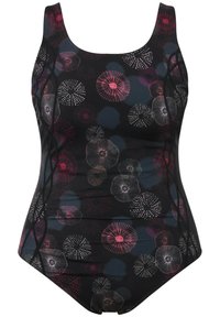 Maillot de bain une pièce noir avec des motifs floraux en rose, rouge et blanc. Équipé de bretelles larges, d'un design ajusté et d'une texture lisse.