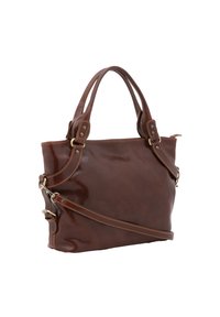 Borsa a mano in pelle marrone con finitura lucida, dotata di doppi manici e una tracolla regolabile. Accentuata da dettagli di cucitura a contrasto.