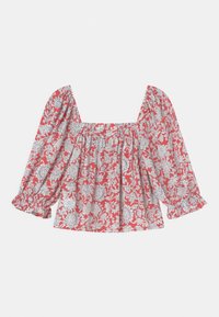 Blusa rossa con motivo floreale bianco, scollatura quadrata e maniche lunghe a sbuffo con polsini arricciati elasticizzati.