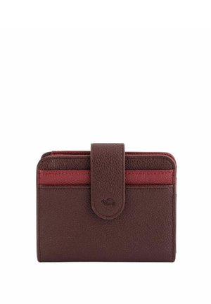 Leather wallet in dark brown with red accents. Features a flap closure and multiple card slots. Textured surface, compact rectangular shape.