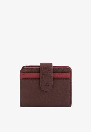 Leather wallet in dark brown with red accents. Features a flap closure and multiple card slots. Textured surface, compact rectangular shape.