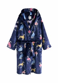 Tamno plavi flis bathrobe sa uzorkom trčećih hrtova u raznim obojenim kaputima. Uključuje pojas i dva prednja džepa.