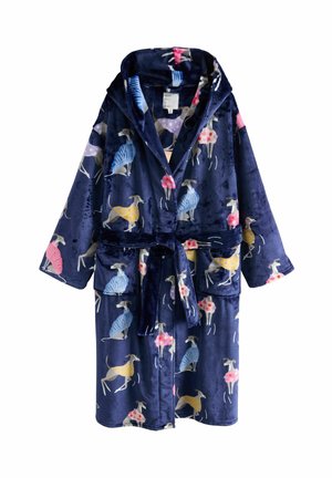 Robe en polaire bleu marine avec un motif de lévriers courant dans des manteaux de couleurs variées. Comprend une ceinture et deux poches avant.